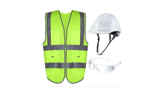 Hi-visibility vest, hard hat and safety glasses