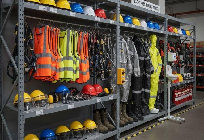 Racking stocked with helmets, vests and safety gear